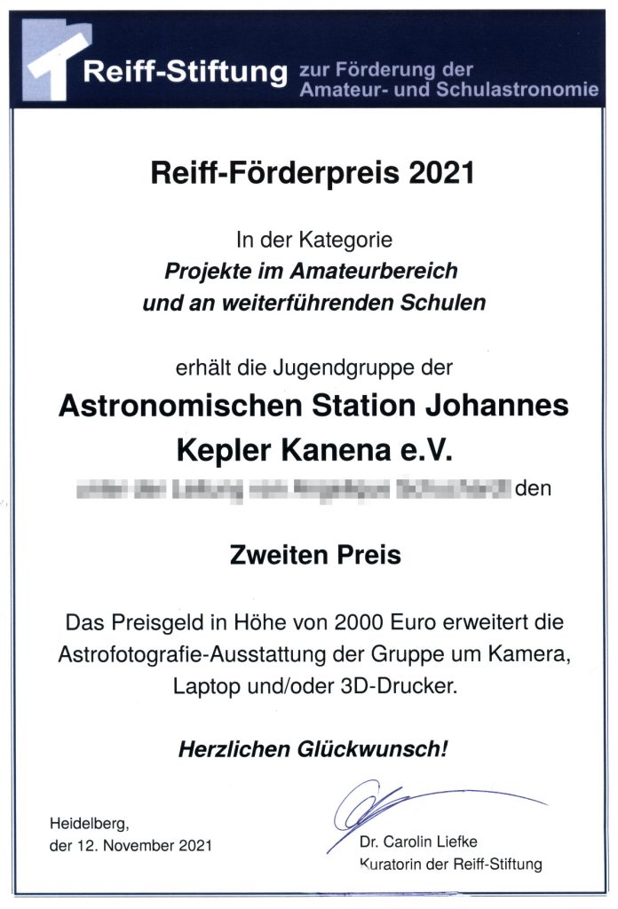 Urkunde der Reiff-Stiftung